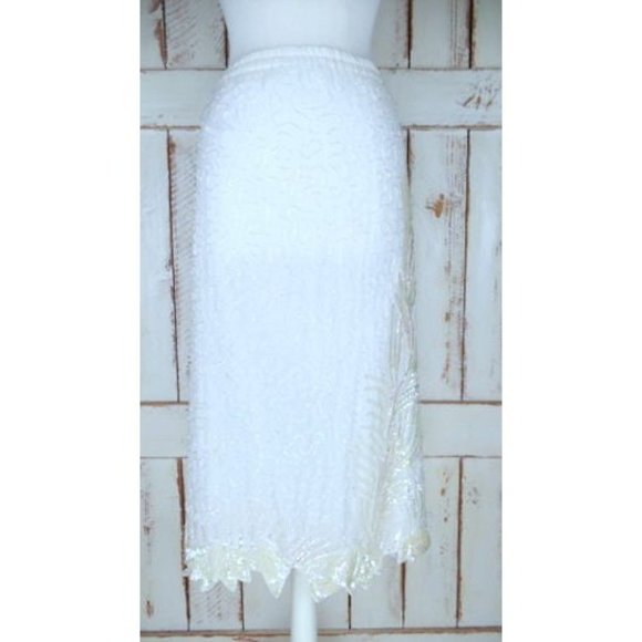 Vintage silk white / light ivory beaded floral sequin pencil skirt - Picture 4 of 9